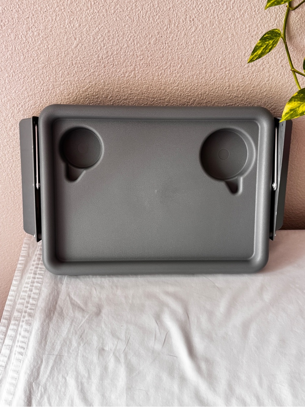 Gray Overbed Snack Tray with Cup Holders